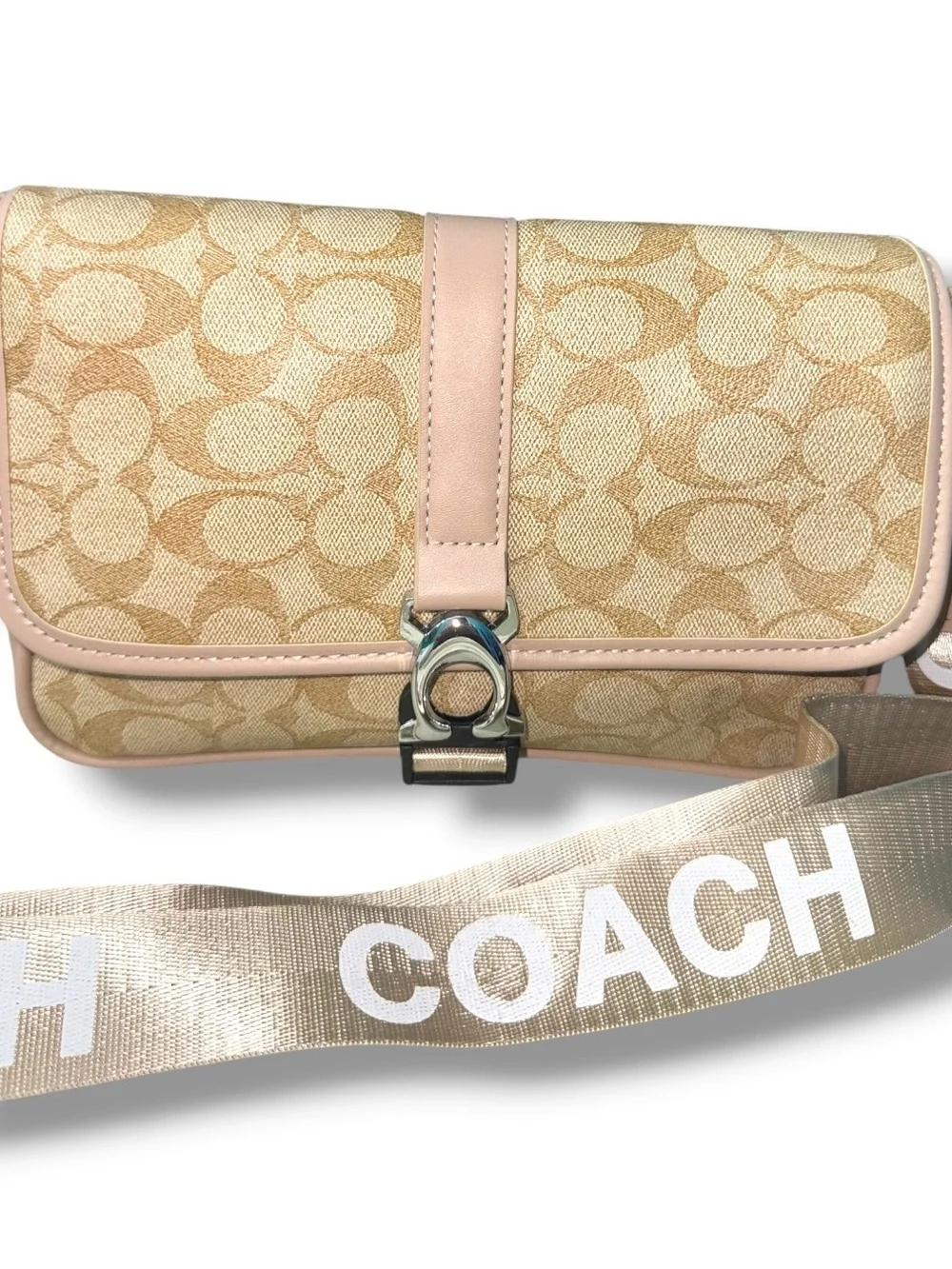 Coach Signature Canvas Flap Crossbody Bag Khaki Blush Pink Adjustable Strap